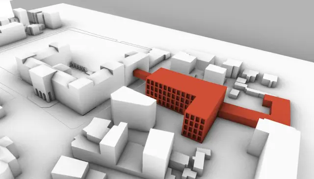 Червена сграда в бяла среда